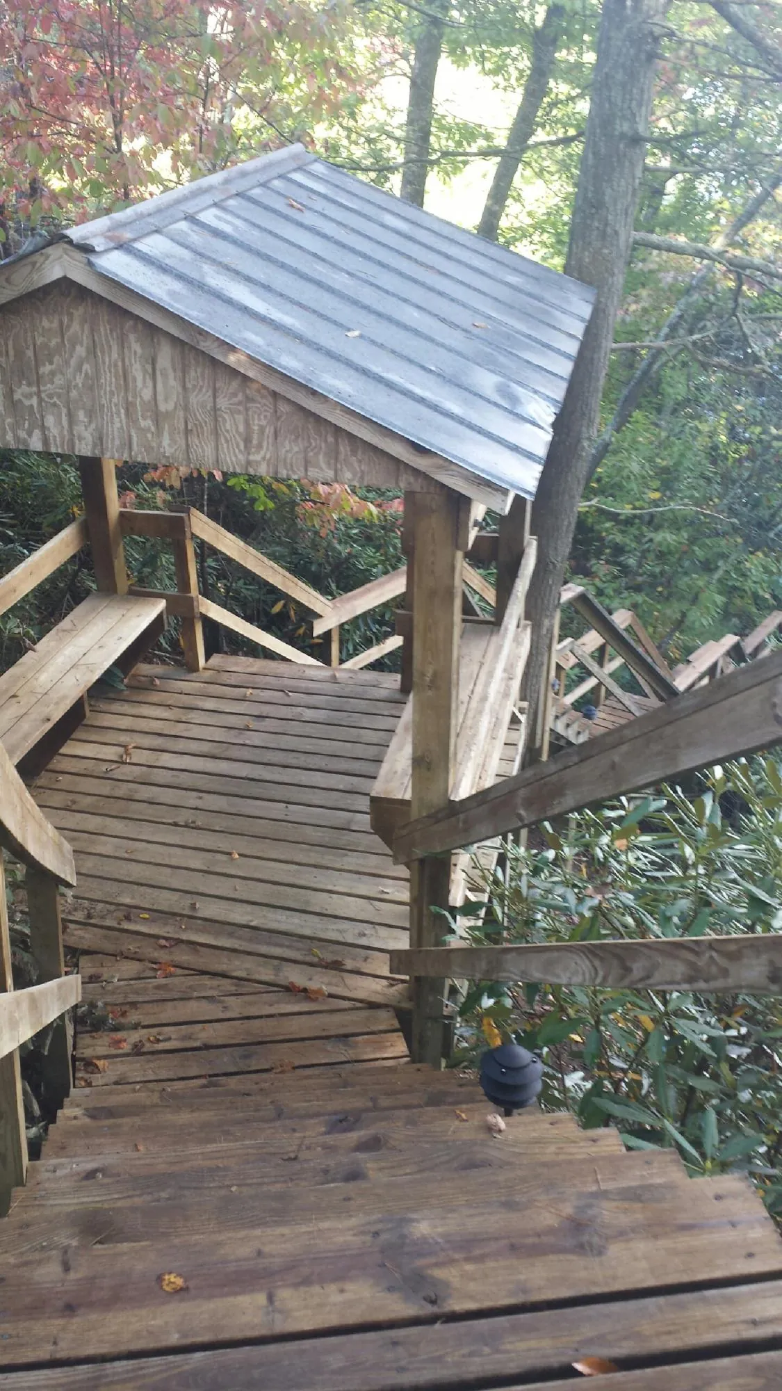Metal roofed shelter over wooden steps on a wooded walkway — Skylight Repair & Installation work by our crew in Albright